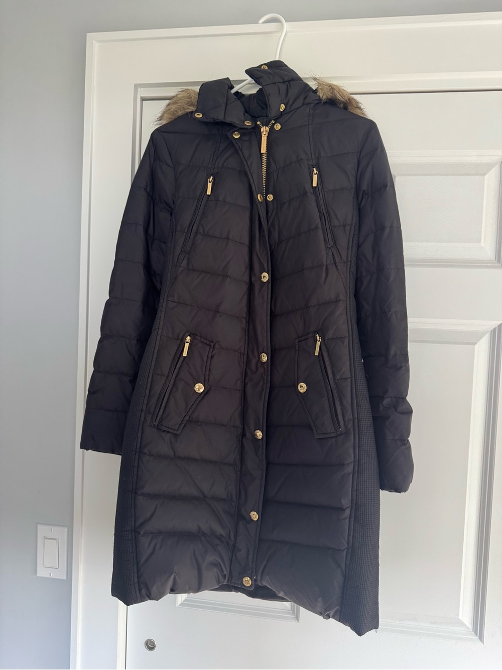 Michael Michael Kors Women’s Black Quilted Long Puffer Coat with Faux-Fur Hood